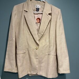 VTG Kathie Lee Women's Blazer Cream Linen Shoulder Pads Gold Buttons Sz 8